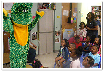 Giant Frog Mascot Visiting Class